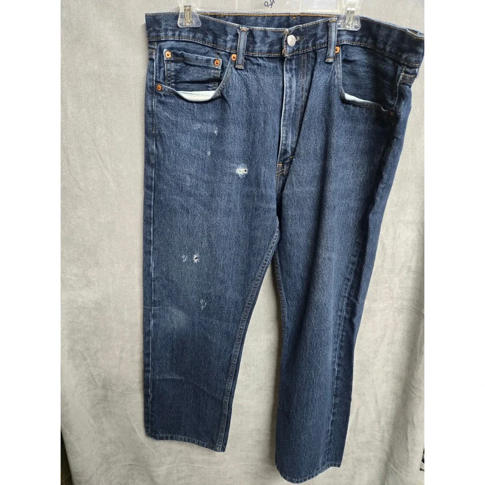 Levis 505 Regular Fit Jeans Mens 38x30 Dark Wash Blue Denim Distressed Straight